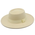 Detailed texture of a cream wool felt flat top fedora hat with matching ribbon trim - Beige