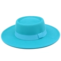 Detailed texture of the turquoise wool felt flat top hat with matching grosgrain ribbon - Sky Blue