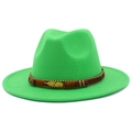 Detail of green wool fedora with woven band, beads and a golden metal feather charm - Grass Green