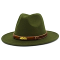 Detailed close-up of dark green wool fedora with a decorative feather and beaded band - Army Green