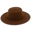 Détail du chapeau rétro en feutre de laine marron foncé avec bord plat et calotte ronde - Taille unique / Café