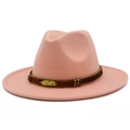 Detailed shot of pink wool fedora hat with braided band, beads and golden feather charm - Flesh Pink