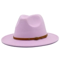 Classic lavender wide brim wool felt fedora hat with brown leather belt buckle strap - Light Purple