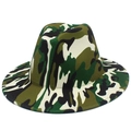 Classic camo print wool fedora hat with a flat brim and indented crown for men and women - One Size / Jungle Green Camouflage (Color 3)