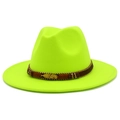 Detail of neon yellow wool fedora with brown woven band and gold feather charm decoration - Neon Yellow