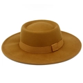 Detail view of the elegant camel wool fedora with a flat wide brim and ribbed band - Brown