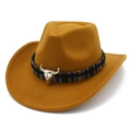 Chapeau de cowboy en feutre de laine gingembre avec ruban ethnique et tête de taureau argent - Marron