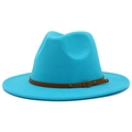 Close-up of turquoise wool fedora hat with brown leather band and rivet details - Sky Blue