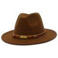 Close-up of a dark brown fedora with a bohemian band, ethnic beads, and golden feather charm - Coffee