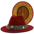 Burgundy wool fedora with bohemian woven band and stylish leopard print lining - One Size / Burgundy