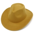 Top view of a mustard yellow wool fedora hat with a classic indented crown and flat brim - Khaki / Adult