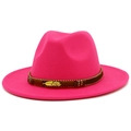 Close-up of rose red fedora with beaded brown band and a gold feather accent - Rose Red