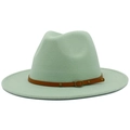 Detail of light mint wool fedora featuring a brown leather band and gold metal buckle - Mint Green