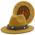 Detail of leopard print lining and ethnic turquoise decoration on wool fedora hat - One Size / Khaki