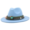 Chapeau Fedora en laine bleu clair avec bande ethnique perlée et pierre turquoise - Rose bonbon