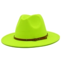 Neon green wool fedora hat with brown leather buckle band detail and wide flat brim - Neon Yellow