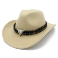 Chapeau de cowboy beige en feutre de laine avec bande ethnique et crâne de taureau - Poche zippée