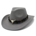 Chapeau de cowboy gris en feutre avec ruban ethnique et ornement tête de taureau argent - Gris