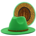 Green fedora jazz hat with leopard print lining and brown leather band detail - Green