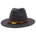 Detail of dark grey wool fedora featuring a golden feather metal buckle and woven band - Dark Gray