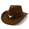 Détail d'un chapeau de cowboy marron avec bande tissée et ornement tête de taureau argent - Café