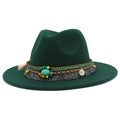 Chapeau fedora en laine vert foncé avec bande ethnique perlée et pierre turquoise - Vert Foncé