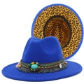 Detail of blue wool fedora featuring turquoise beads, fringe and leopard print lining - One Size / Sapphire Blue