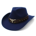 Detail of navy felt cowboy hat with leather band, gold studs, and silver bull skull buckle - One Size / Dark Blue