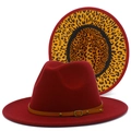 Red wool fedora hat with leopard print brim underside and belted leather buckle - Burgundy