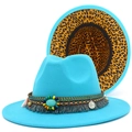 Detail of teal fedora hat showing bohemian beadwork and leopard print brim lining - Sky Blue / One Size