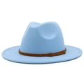 Detail of light blue wool fedora hat featuring a brown leather band and metal buckle - Light Blue