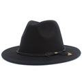 Close-up of black wool fedora featuring a vintage brown cord and golden arrow pendant - Black