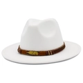 Close-up of white wide-brim wool fedora with brown ethnic band and golden feather pin - White