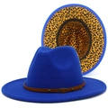 Close-up of royal blue fedora hat with leopard print lining and brown leather belt trim - Sapphire Blue