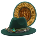 Detail of dark green felt fedora with ethnic band, turquoise bead and leopard print brim - One Size / Dark Green