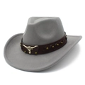 Grey wool cowboy hat with curved brim and brown leather band featuring a metal bull head - One Size / Gray
