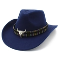 Detail of western wool felt hat with colorful woven band and silver bull head ornament - Dark Blue