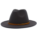 Detail of grey wool fedora hat featuring camel leather band with gold buckle and rivets - Dark Gray