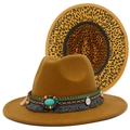Classic camel wool fedora hat with turquoise beadwork and leopard print lining - One Size / Brown