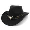Detail of western cowboy wool hat with ethnic band and silver bull skull ornament - Black