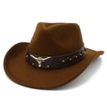 Detail view of brown felt cowboy hat with leather band and metal bull head logo - One Size / Coffee