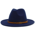 Detail of the navy blue felt fedora hat featuring a brown leather strap and gold metal buckle - Dark Blue