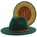 Detail of dark green fedora featuring a stylish leopard print brim and leather strap - Dark Green