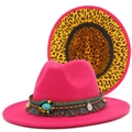 Deep pink fedora hat with ethnic band and leopard print brim detail shown on white - One Size / Rose Red
