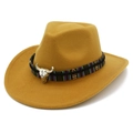 Detailed view of yellow felt western hat with ethnic band and silver bull skull ornament - Khaki