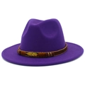 Detail of purple fedora hat featuring a brown band with golden feather and bead accents - Purple