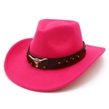 Detail of rose pink felt cowboy hat with brown leather band and silver bull head icon - One Size / Rose Red