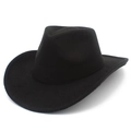 Detail view of the wide-brimmed black felt cowboy hat with a pinch front crown design - One Size / Black