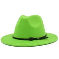 Detail of neon green wool felt jazz fedora featuring a black braided leather rope trim - Fluorescent Green