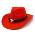 Classic red wool felt western cowboy hat with ethnic woven band and silver bull skull decoration - Red